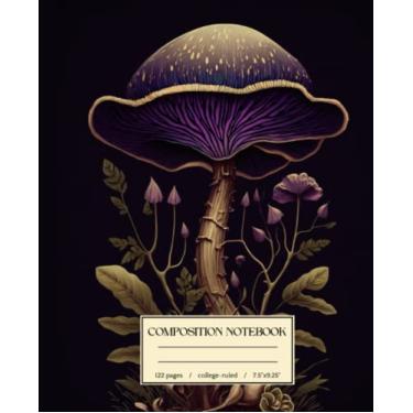 Imagem de Caderno de composição pautado pela faculdade: ilustração botânica de cogumelo roxo | Belo diário estético de fungos cottagecore para escola, faculdade, escritório, trabalho