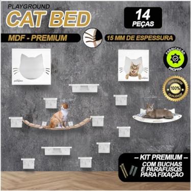 Imagem de Kit Playground Para Gatos Casinha em Mdf Branco Premium Super Resistente com Carpete Cinza