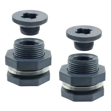 Imagem de Suiwotin 2 peças de encaixe de anteparo de PVC NPT3/4 com plugues, conector de tanque de água de plástico de 3/4 polegadas rosqueado através de acessórios de tubulação a granel para barris de chuva, aquários, adaptador de mangueira de balde, lagoas, piscinas