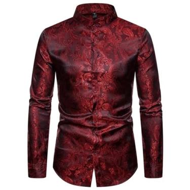 Imagem de Camisa social masculina vintage elegante com estampa brilhante de manga comprida para boate, Vermelho, M