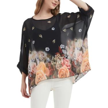 Imagem de Blusa feminina solta de chiffon com estampa floral Alicia, blusa morcego, boêmia, rodada, camiseta, Preto com rosas frondosas, Tamanho Único Plus Size