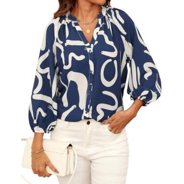 Imagem de Meetrendi Blusa feminina casual elegante manga 3/4 estampa floral camisas de botão 2024 chiffon gola V camisa de trabalho, Azul marino, M