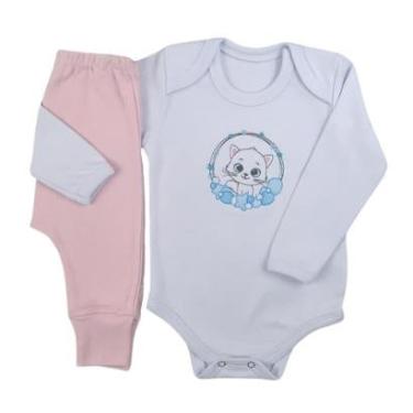 Imagem de Conjunto Body Manga Longa Bordado Gatinha e Calça Suedine Mijão Culote - Roupa Bebê-Feminino