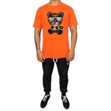 Imagem de Kit Conjunto Masculino Camiseta Algodão e Calça Moletom Casual Estampado Urso Dollar (Laranja, P)