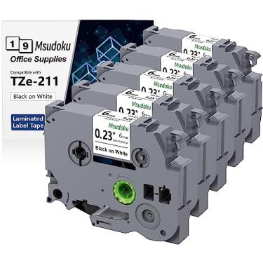 Imagem de Msudoku TZe-211 Fita de etiqueta compatível com Brother P Touch TZe211, TZ 6 mm 0,23 branco laminado 1/4 TZe211 TZ211 TZ211 fita para PTouch D200 D410 H110 P710BT D600 etiquetadora (preto sobre branco, pacote com 5)
