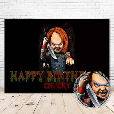 Imagem de Moonlight Studio Faixa com tema de filme de terror Happy Birthday 1,5 x 0,9 m preto Chucky decoração de chá de bebê fundo para artigos de festa, pano de fundo de vinil Chucky para aniversário