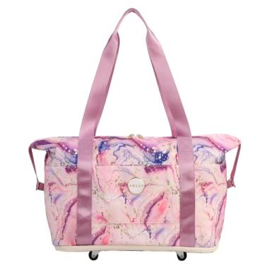Imagem de Bolsa esportiva de viagem com rodas à prova d'água leve, bolsa esportiva para academia, bolsa de ombro para mulheres com bolso molhado de manga de carrinho, Rosa mármore, Bolsa de viagem