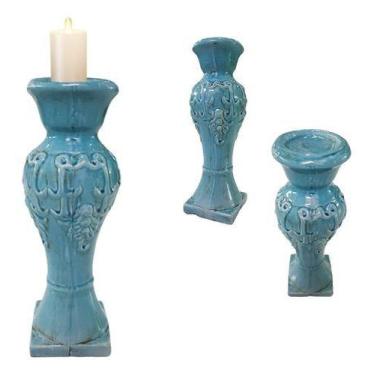 Imagem de Castiçal De Cerâmica Porta Velas Azul Decorativo 46 X 16 - Vacheron