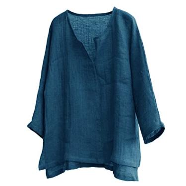 Imagem de Lainuyoah Camisas femininas Boho 2024 primavera blusas modernas de linho 2024 túnica praia manga curta tops de treino grandes, A - azul-marinho, M