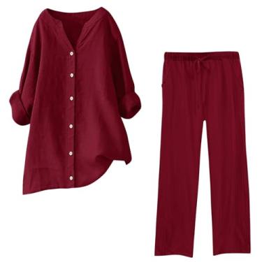 Imagem de Lainuyoah Conjunto de duas peças para mulheres, camisa de algodão e linho, gola V e calça de cintura elástica, conjunto de agasalho liso, Vermelho A, G