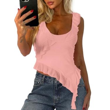 Imagem de Camiseta regata feminina Y2k sexy de malha cropped sem mangas frente única assimétrica com babados e babados, rosa, M