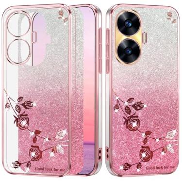 Imagem de Yarxiawin Capa para celular Realme C55 transparente com glitter brilhante luxuoso Realme C55 capa de silicone TPU flor macia transparente à prova de choque roxa fina (rosa)