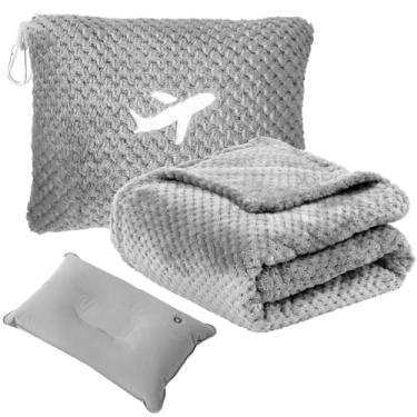 Imagem de Nenolix Cobertor de viagem compacto de avião com bolsa, cobertor de avião embalável 3 em 1, conjunto de travesseiro e cobertor de viagem, travesseiro inflável, manga de bagagem e clipe de mochila