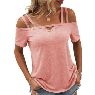 Imagem de FOUXILIFE Camiseta feminina de ombro vazado para sair, caimento solto, casual, verão 2024, Y2k, Coral, P