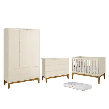 Imagem de Dormitório Completo Infantil Classic 3 Portas, Cômoda 6 Gavetas, Berço com Pés Amadeirado e Colchão D18 - Reller Móveis