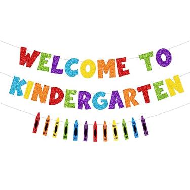Imagem de JKQ Faixa colorida com glittery Welcome to Kindergarten com sinais de giz de cera faixa de guirlanda de primeiro dia de escola Bem-vindo de volta às aulas decorações de festa infantil 1º dia de jardim