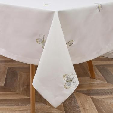 Imagem de Majestic Giftware Toalhas de mesa de poliéster com aparência de linho para mesas retangulares | (70/200) - TC1554 Capa de mesa com design de borboleta prateada/dourada | Toalha de mesa lavável para