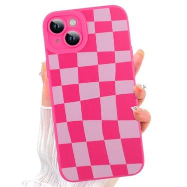 Imagem de ZIYE Capa para iPhone 13 rosa choque padrão xadrez quadriculado capa de telefone com proteção para câmera, capa protetora de borracha de silicone TPU macio capa protetora grade xadrez design capas