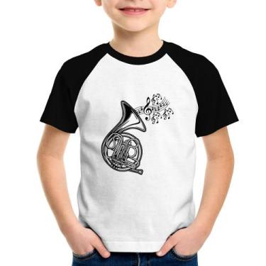 Imagem de Camiseta Raglan Infantil Trompa Notas Musicais - Foca na Moda, Branco,