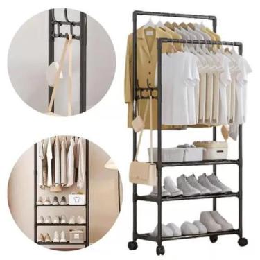 Imagem de Arara Dupla Cabideiro Com Sapateira Rodinha Cabide Prateleiras - SHOP 