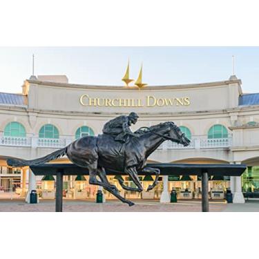 Imagem de BELECO Tecido de 2,1 x 1,5 m Churchill Downs Pano de fundo Kentucky Derby Decorações de festa pano de fundo Estátua de corrida de cavalos Derby suprimentos de festa ao ar livre corrida de cavalos