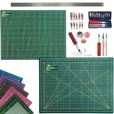 Imagem de Base Para Cortes 60x45 Dupla Face Autocura Multiuso Artesanato Patchwork Scrapbook Kit Estilete de Precisão 13pcs Regua 60cm (Verde)