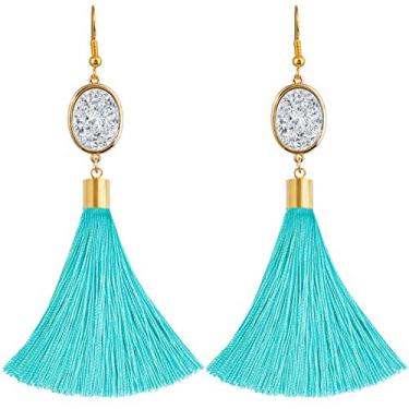 Imagem de Brincos de gota de borla Nupuyai para mulheres, brincos pendentes de pedra de quartzo de cristal Boêmio Drusy para meninas Azul