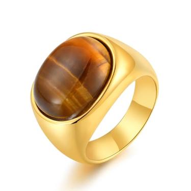 Imagem de Veshon Anel masculino com sinete oval de olho de tigre banhado a ouro ou prata com pedra natural para homens, joia de presente para ele, tamanho 7-12, Pedra, Olho de tigre