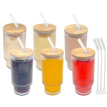 Imagem de ASMEFY Copos de bebida canelados com tampas de bambu e canudo de vidro - copos de vidro vintage de 473 ml (6 copos + 6 canudos + 6 tampas)