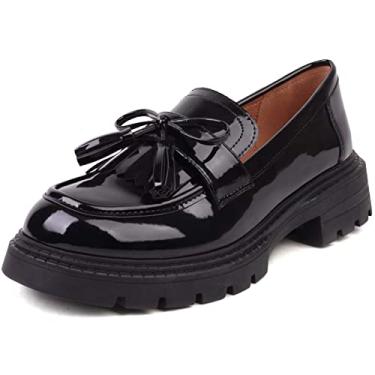 Imagem de Mocassins femininos da moda estilo britânico, mocassins com borla de couro envernizado, mocassins pretos de sola grossa, sapatos baixos casuais simples, sapatos de tamanho grande., Preto, 8