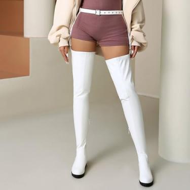 Imagem de Rock88 Botas femininas acima do joelho com cinto, bico longo, tira de fivela e zíper lateral, salto baixo botas de cano alto para passeios casuais e festas