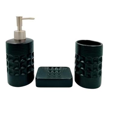 Imagem de Kit Acessório Para Banheiro 3 Peças De Cerâmica Texturizado Saboneteira Com Dispenser Porta Escova (Preto Pequim)