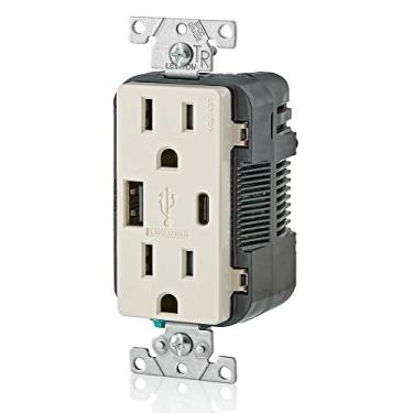 Imagem de Leviton T5633-T Carregador USB de parede tipo A e tipo C com tomada de 15A, carregador USB para smartphones e tablets, Light Almond
