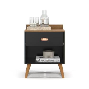 Imagem de Mesa de Cabeceira Quarto Mesinha Apoio Lateral Cama Box Casal Estilo Decoração Retrô Pérola 1 Gaveta (Preto/Freijó)