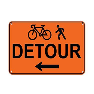 Imagem de Placa de metal horizontal de alumínio vários tamanhos para bicicleta à esquerda para pedestre trânsito laranja aviso temporário com borda à prova de intempéries sinalização de rua 35 x 25 cm