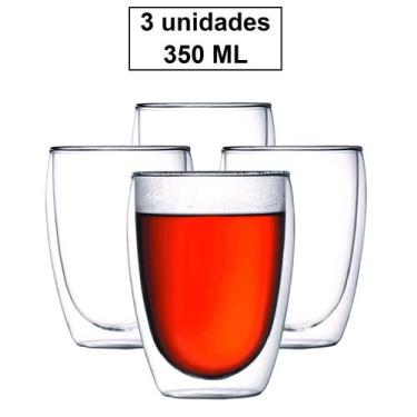 Imagem de Conjunto 3 Copos Duplo de Vidro Copo Parede Dupla 350 ml Café Expresso