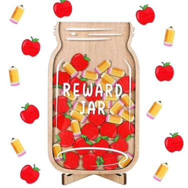 Imagem de JarThenaAMCS Pote de recompensa de madeira volta às aulas lápis maçã recortes de madeira gráfico de comportamento de incentivo positivo com ferramentas de gerenciamento de base de madeira para alunos