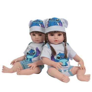 Imagem de 2 Boneca Reborn Gêmeos 100% Vinil Roupa Stitch + Pelúcia - Cegonha Reb