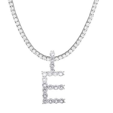 Imagem de Colar com inicial Jacruces prata grande pingente de letra inicial colar corrente de tênis Bling CZ inicial letra colar 45,7 cm + extensor de 5 cm