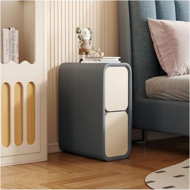 Imagem de Mesa lateral de sofá estreita | Mesa de cabeceira fina minimalista com 2 gavetas | Mesa de cabeceira de couro de microfibra para móveis de quarto de madeira para espaços pequenos, cinza-azul+bege, 35