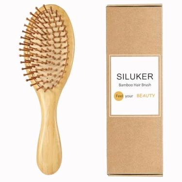 Imagem de SILUKER Escova de cabelo de bambu para crescimento do cabelo - Escova de cabelo de bambu natural para mulheres, homens e crianças - Escova oval desembaraçante para massagem do couro cabeludo e todos