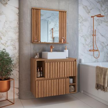 Imagem de Conjunto de Gabinete com Cuba Branca e Espelho de Banheiro Luiza 2 pt Mel