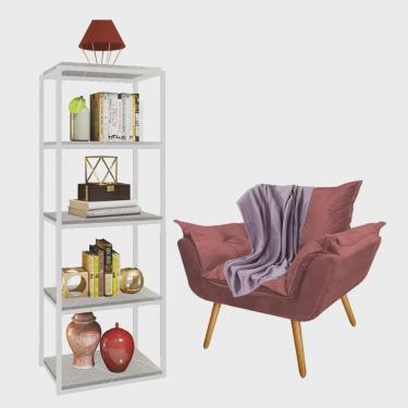 Imagem de Kit Poltrona Fatte com Manta Soft Lilás e Estante Livreiro Ferro Branco mdf Marmorizado Cinza Suede Rose Gold - Ahazzo Móveis
