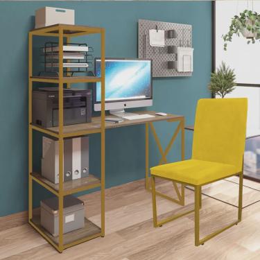 Imagem de Kit Escritório Mesa Max BeX 5 Prateleiras e Cadeira Stan Dourado Tampo Castanho Sintético Amarelo - Ahz Móveis