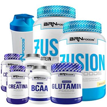 Imagem de Kit 2x Whey Fusion 900g + 2x Creatina 100g + 2x BCAA 120 Cáps + Glutamina 250g + Coqueteleira - BRN Foods (Baunilha)