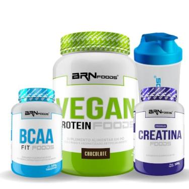 Imagem de Kit VEGAN PROTEIN 500g + BCAA Fit Foods + Premium Creatina 100g + Coqueteleira - BRN FOODS (Grande, Chocolate)
