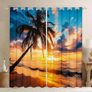 Imagem de Cortinas com estampa de palmeira para quarto de crianças, havaiano, ilha tropical, blackout, tema de natureza botânica, sonhos escurecidos, folha de palmeira, pôr do sol, laranja (2 painéis, 52 x 63