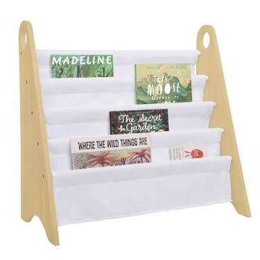 Imagem de Wildkin Kids Modern Sling Bookshelf for Boys and Girls, Wooden Design Features Two Top Handles and Four Fabric Shelves, Helps Keep Bedrooms, Playrooms, and Classrooms Organized (Natural and White)