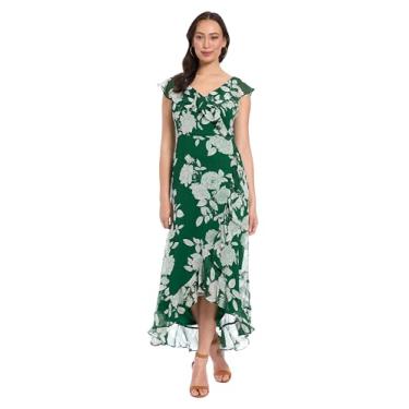 Imagem de London Times Vestido longo feminino de chiffon com babados e babados para convidadas de casamento, Verde floresta/branco macio, 46