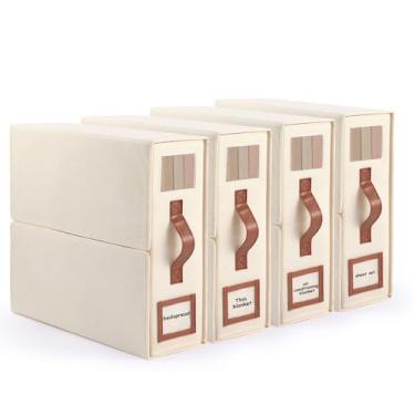 Imagem de Ridering Pacote com 4 organizadores e armazenamento de lençol dobrável, tecido de linho, versão atualizada, alça de couro, organizadores de armário com janela, caixa de armazenamento de cama dobrável